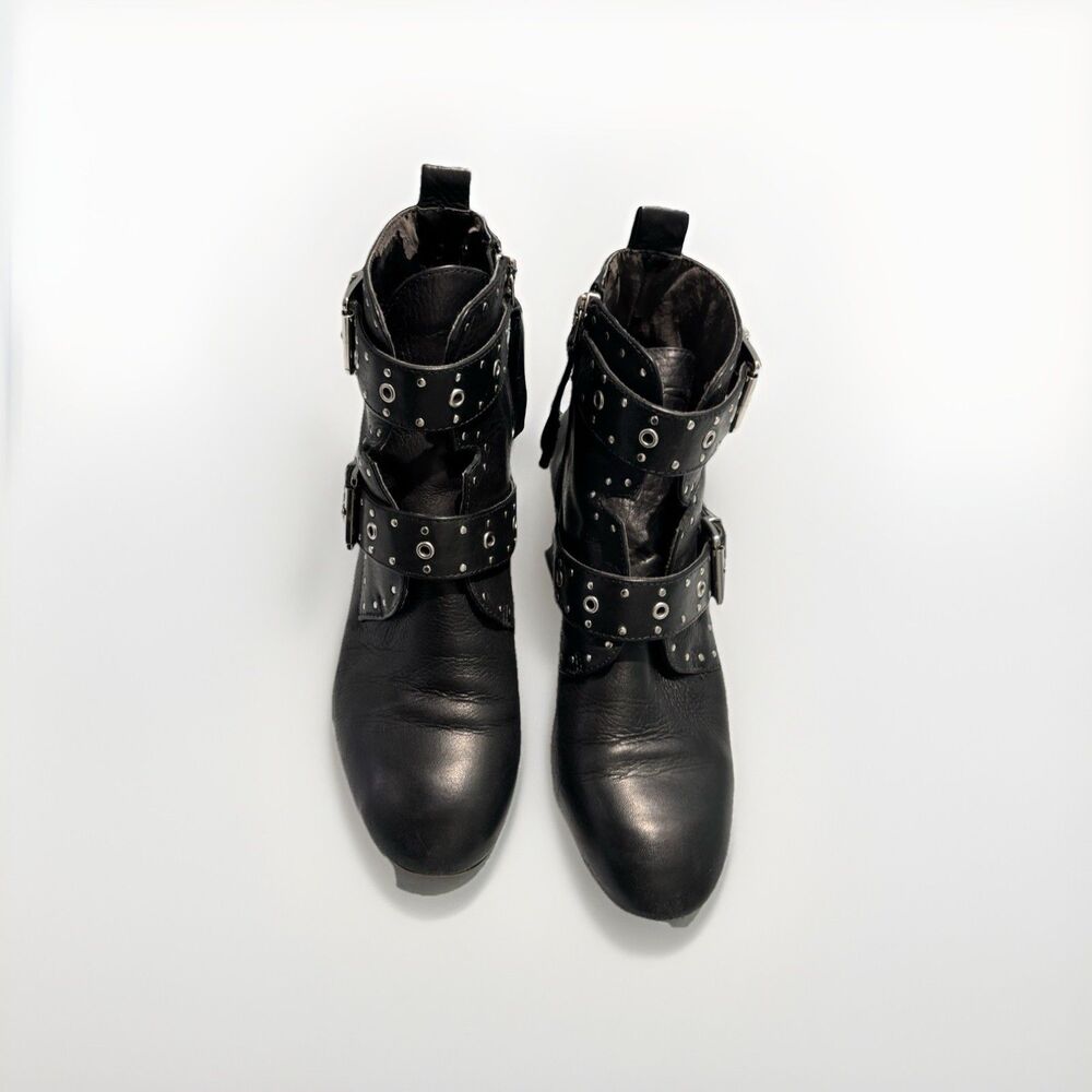 REBECCA MINKOFF Women's Black Leather Lamba Logan Booties Studded Sz 6 Buckle - Picture 4 of 14